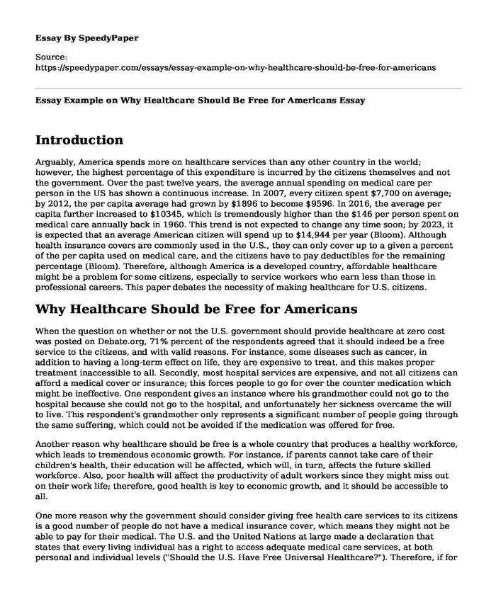 Essay Example on Why Healthcare Should Be Free for Americans