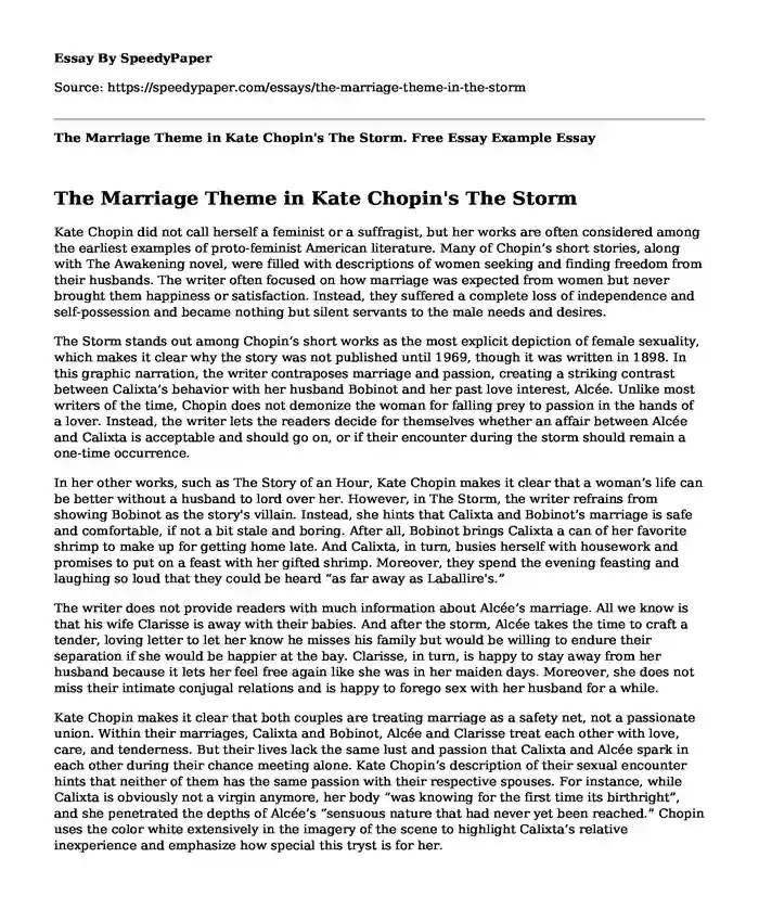 The Marriage Theme in Kate Chopin's The Storm. Free Essay Example