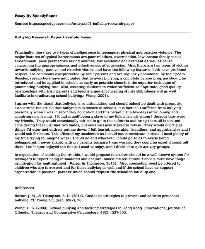 Bullying Research Paper Example