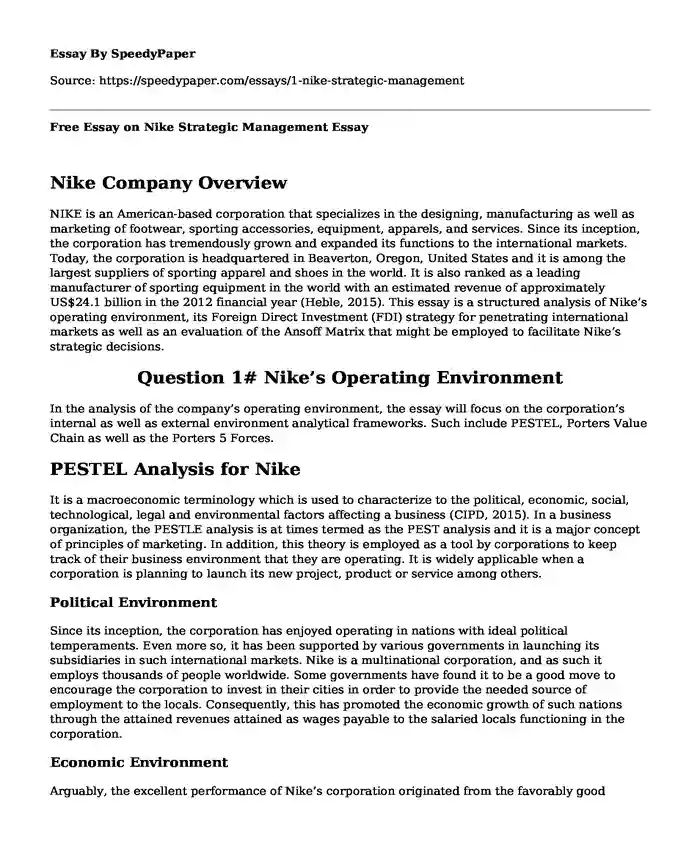 Free Essay on Nike Strategic Management