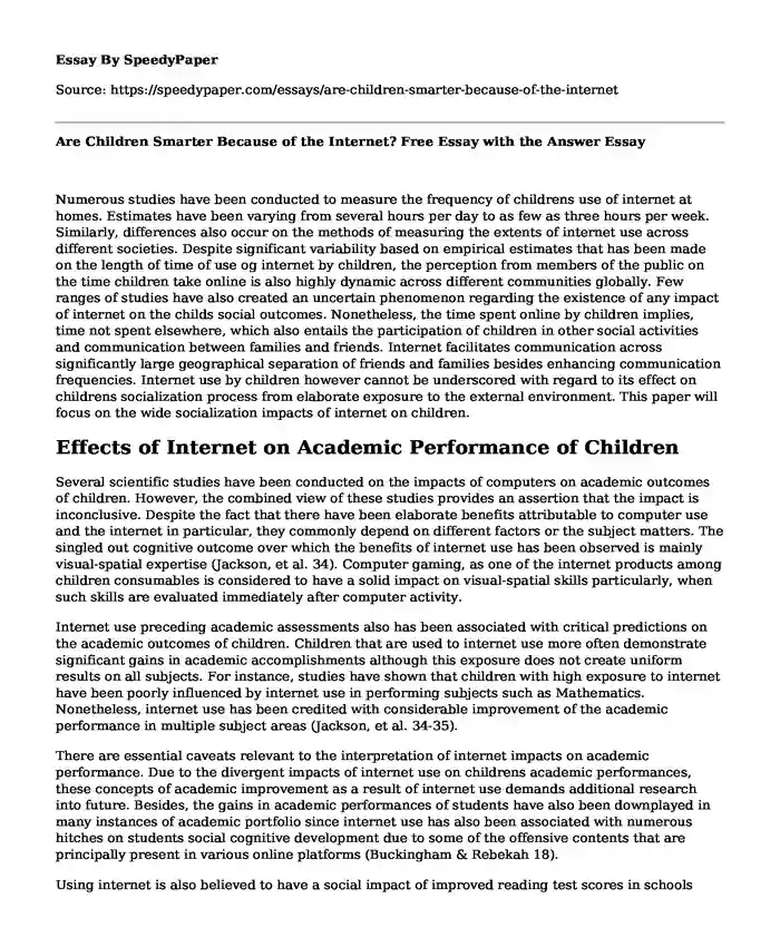 Are Children Smarter Because of the Internet? Free Essay with the Answer