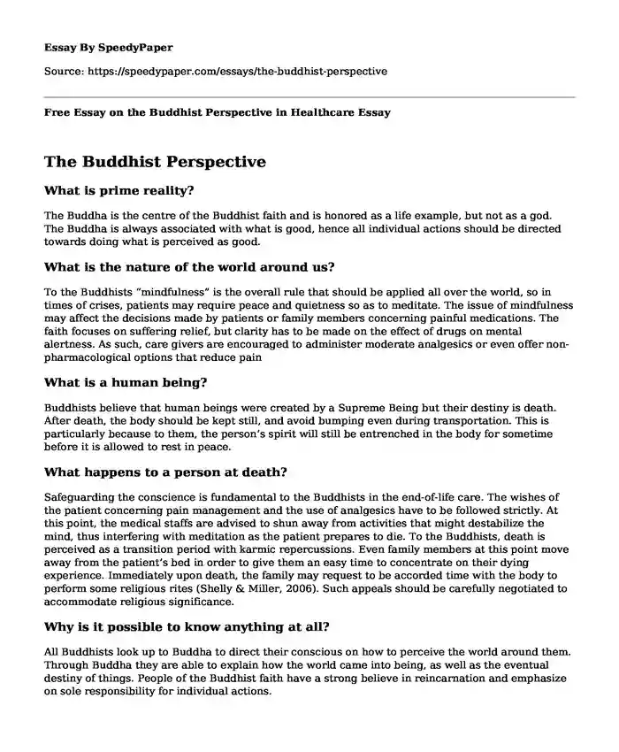 Free Essay on the Buddhist Perspective in Healthcare