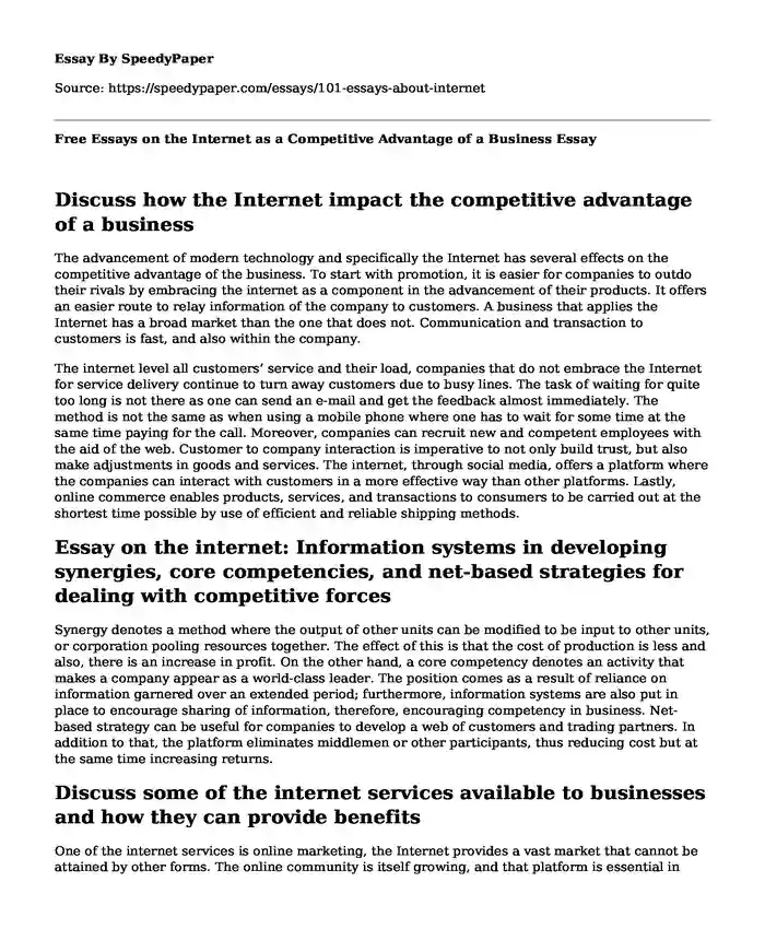 Free Essays on the Internet as a Competitive Advantage of a Business
