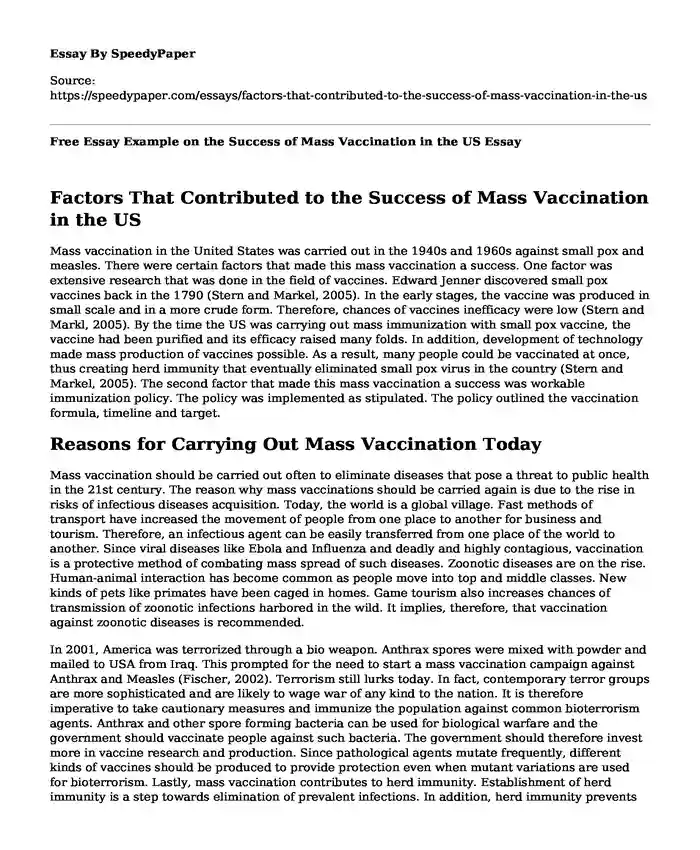 Free Essay Example on the Success of Mass Vaccination in the US