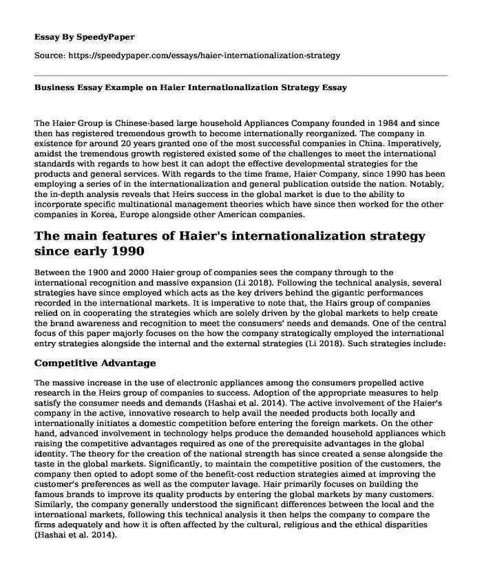 Business Essay Example on Haier Internationalization Strategy