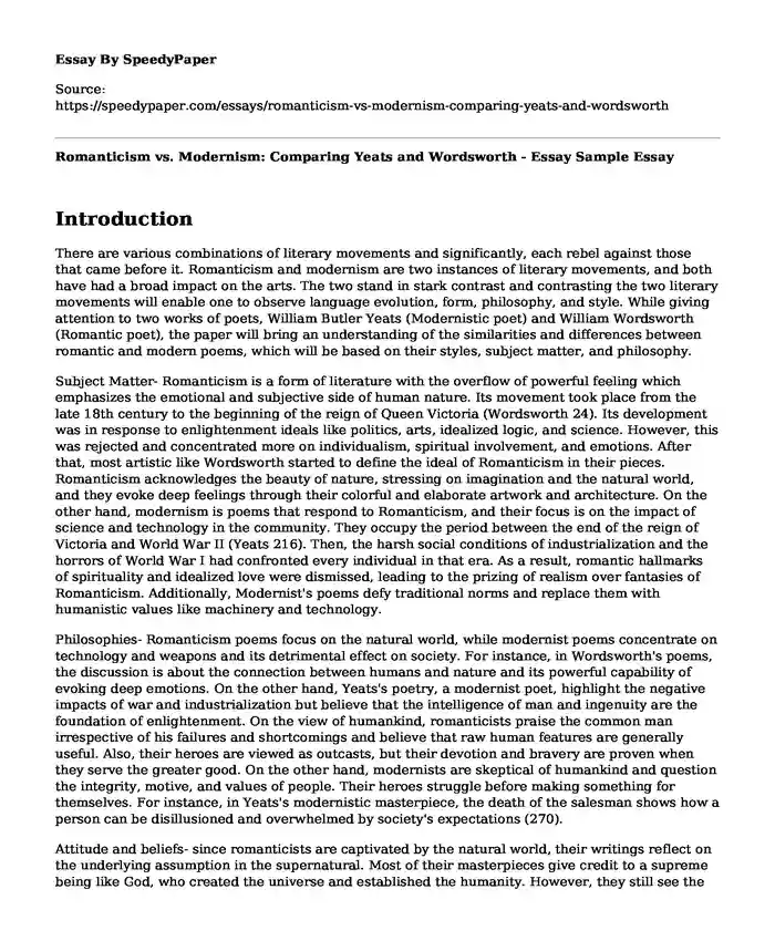 Romanticism vs. Modernism: Comparing Yeats and Wordsworth - Essay Sample