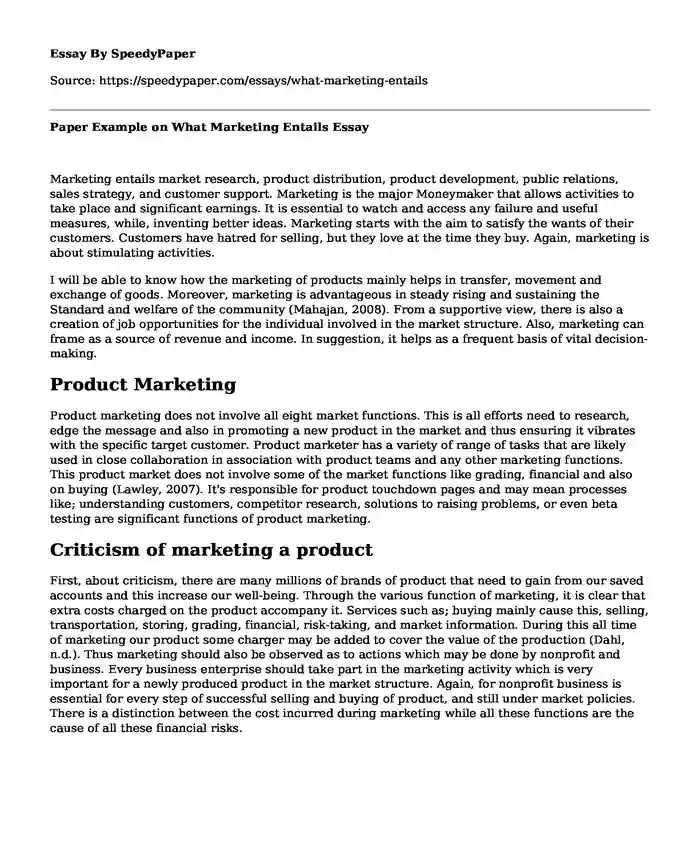 Paper Example on What Marketing Entails