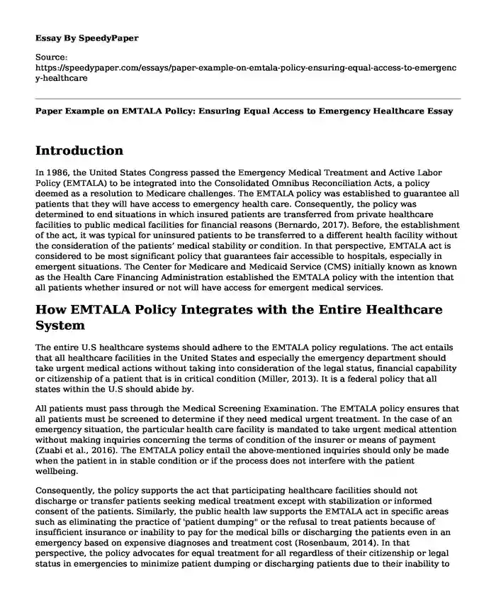 Paper Example on EMTALA Policy: Ensuring Equal Access to Emergency Healthcare