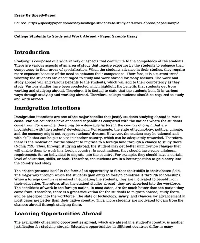 College Students to Study and Work Abroad - Paper Sample