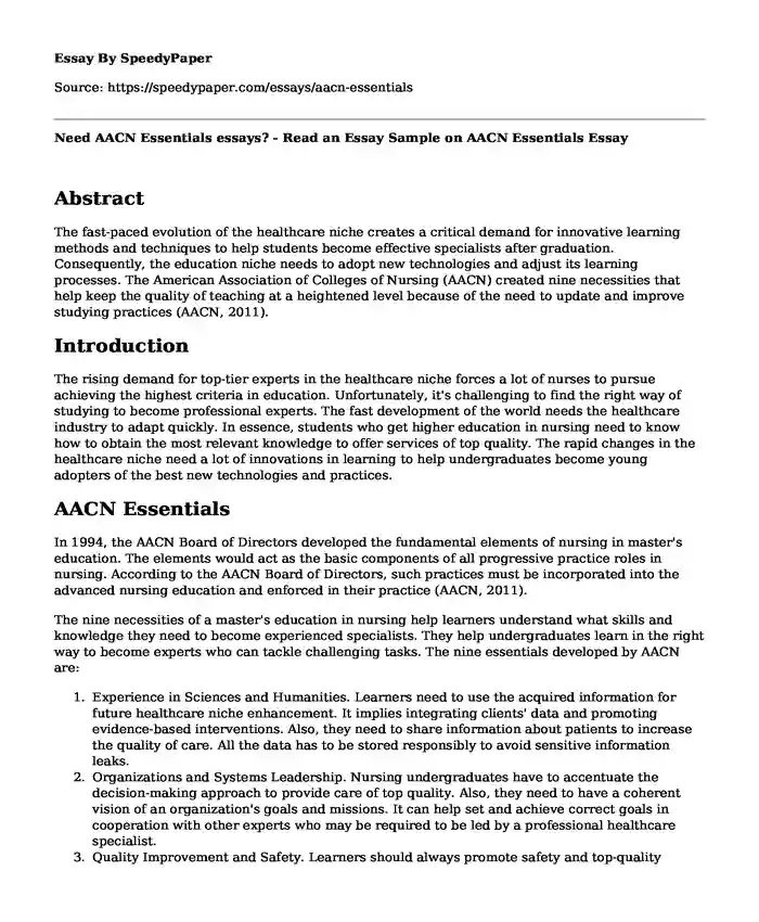 Need AACN Essentials essays? - Read an Essay Sample on AACN Essentials