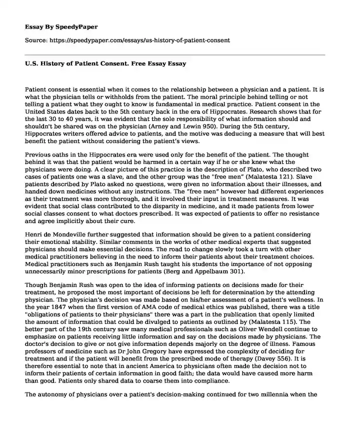 U.S. History of Patient Consent. Free Essay