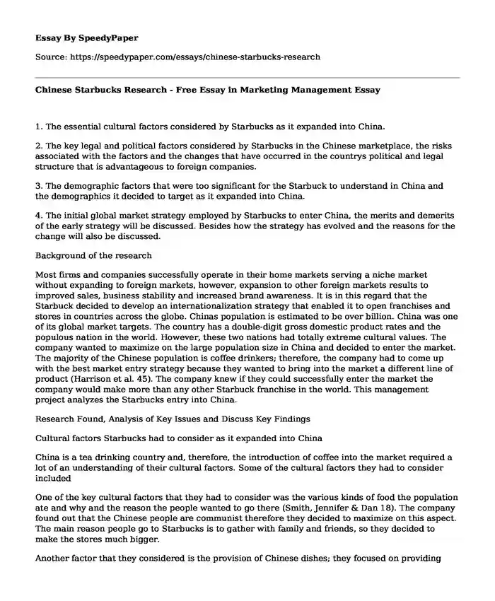 Chinese Starbucks Research - Free Essay in Marketing Management
