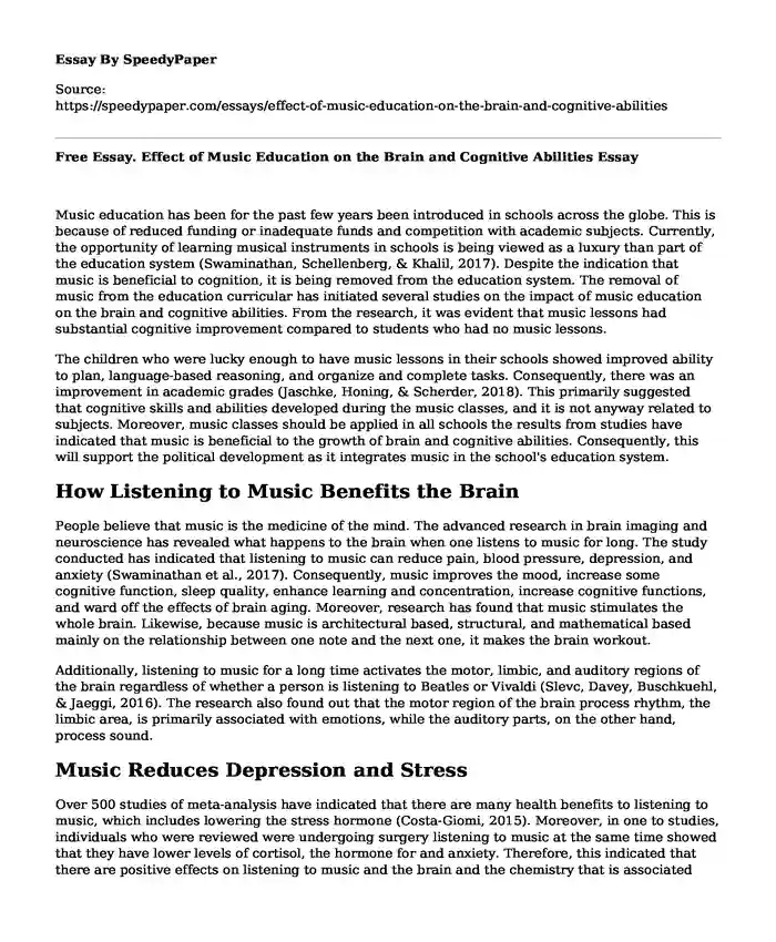 Free Essay. Effect of Music Education on the Brain and Cognitive Abilities
