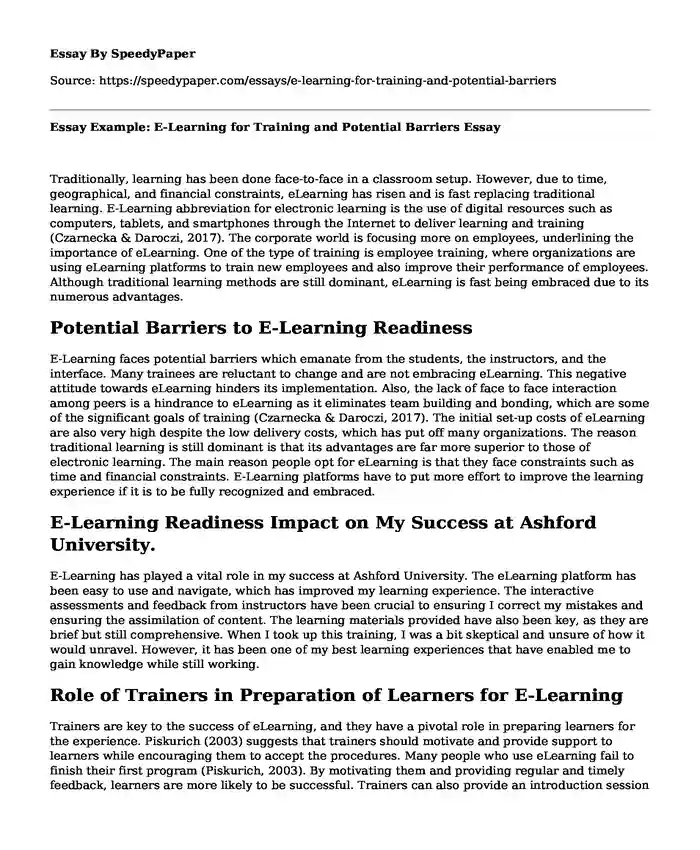 Essay Example: E-Learning for Training and Potential Barriers