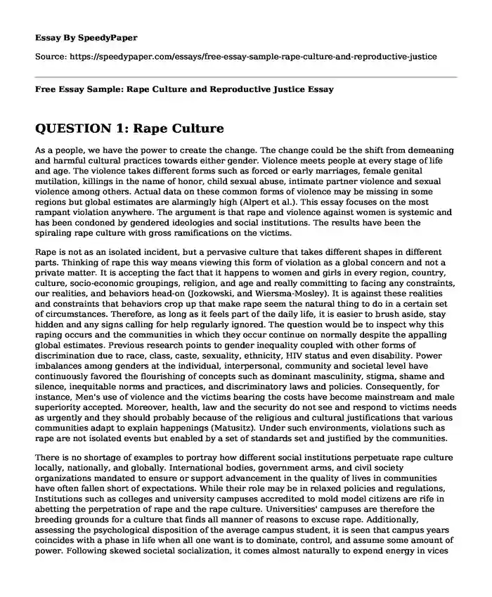 Free Essay Sample: Rape Culture and Reproductive Justice