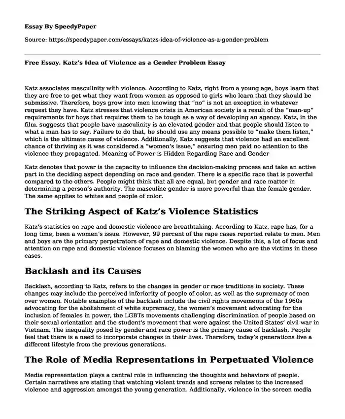 Free Essay. Katz's Idea of Violence as a Gender Problem