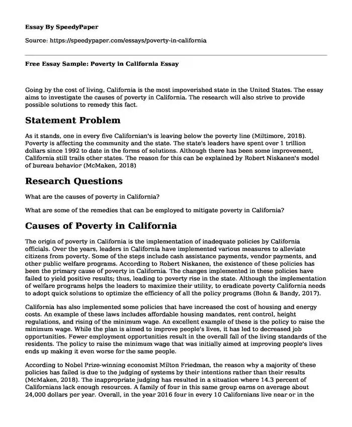 Free Essay Sample: Poverty in California