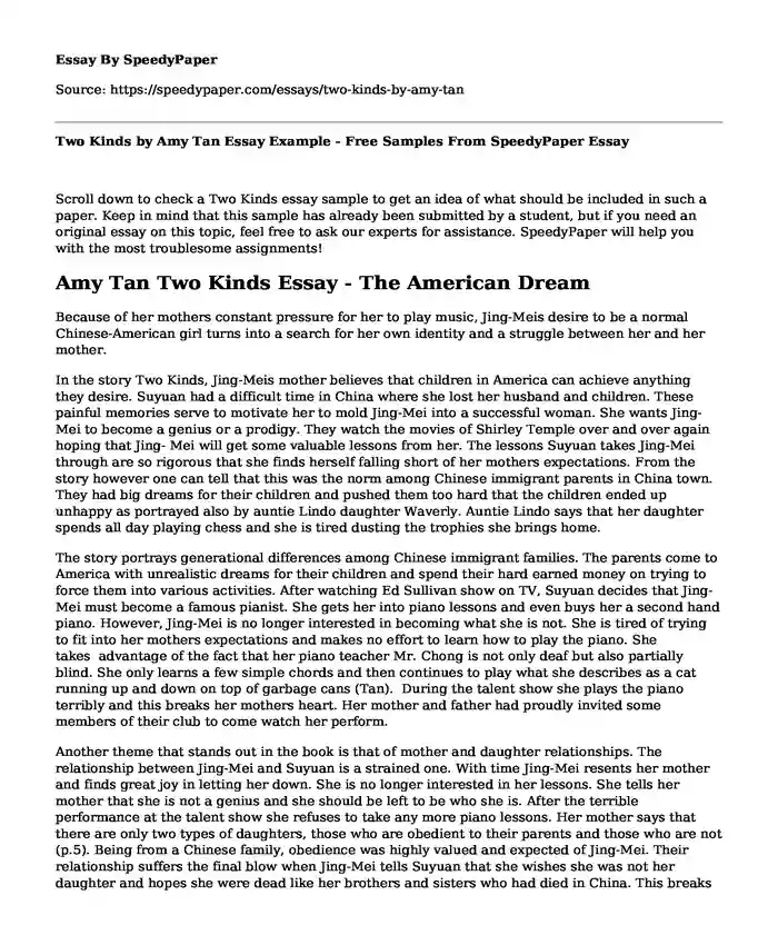 Two Kinds by Amy Tan Essay Example - Free Samples From SpeedyPaper