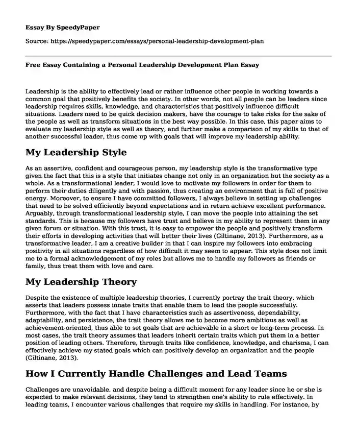Free Essay Containing a Personal Leadership Development Plan