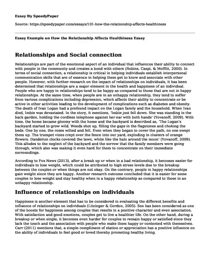 Essay Example on How the Relationship Affects Healthiness