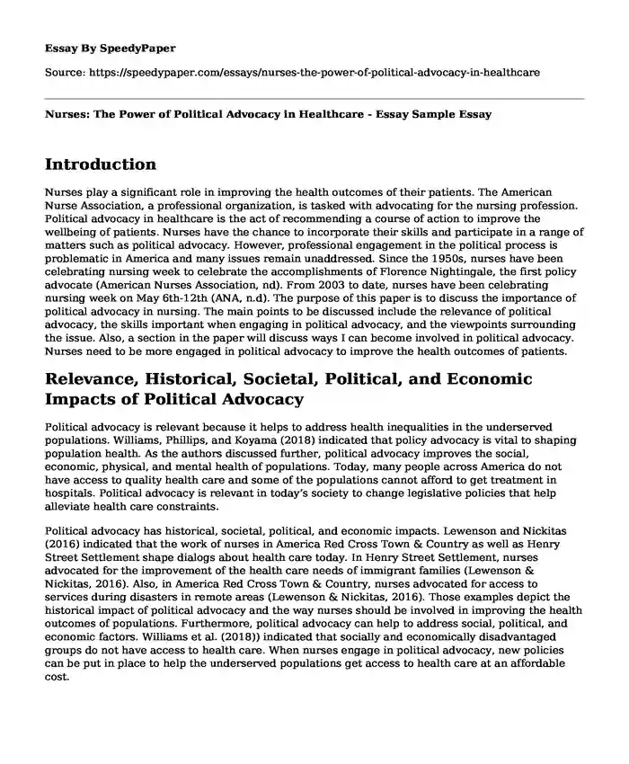 Nurses: The Power of Political Advocacy in Healthcare - Essay Sample