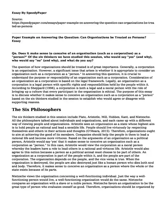 Paper Example on Answering the Question: Can Organizations be Treated as Persons?