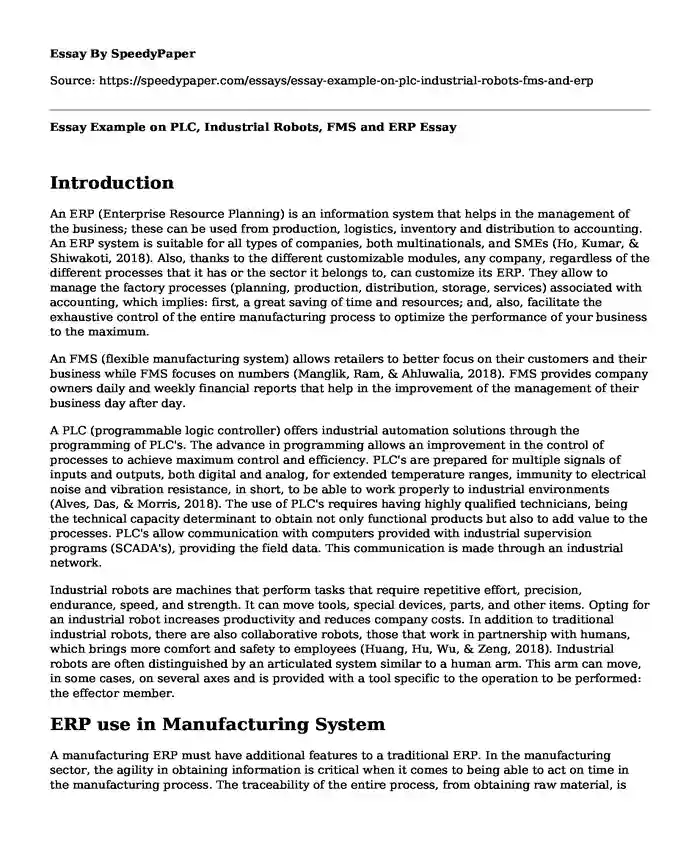 Essay Example on PLC, Industrial Robots, FMS and ERP