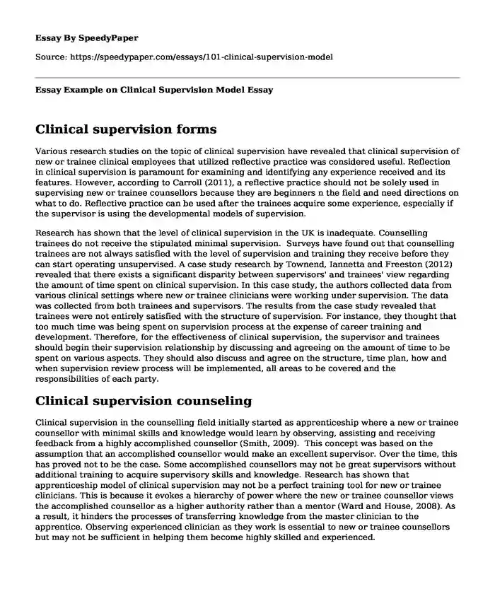 Essay Example on Clinical Supervision Model