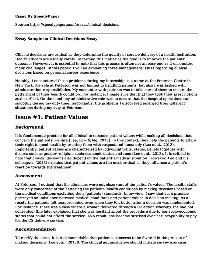 Essay Sample on Clinical Decisions