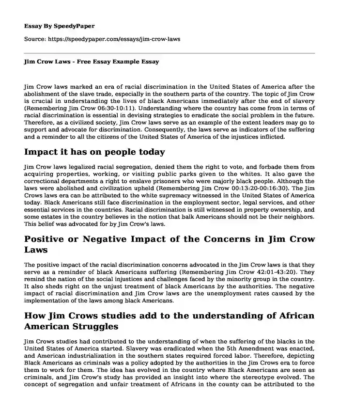 Jim Crow Laws - Free Essay Example