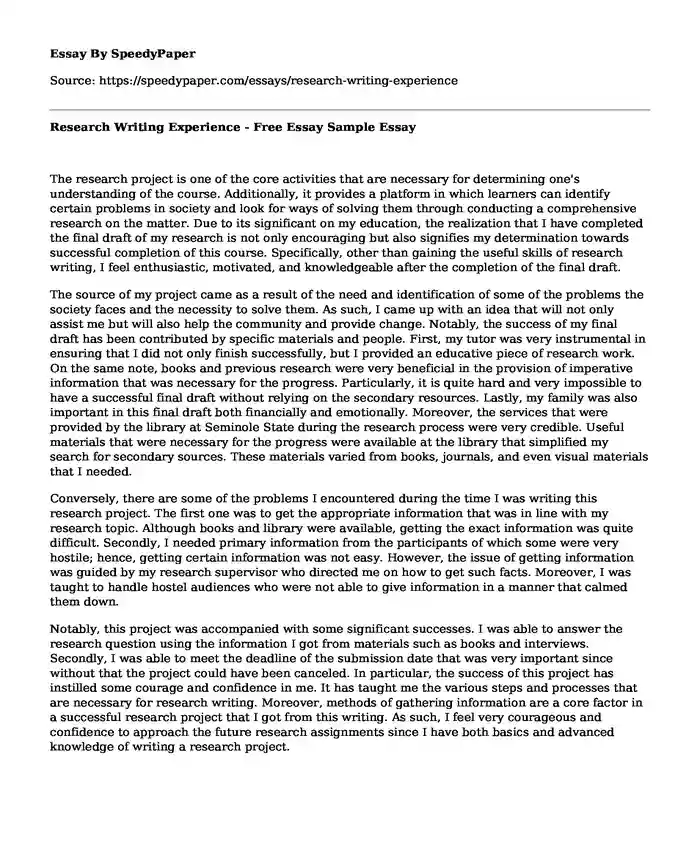 Research Writing Experience - Free Essay Sample