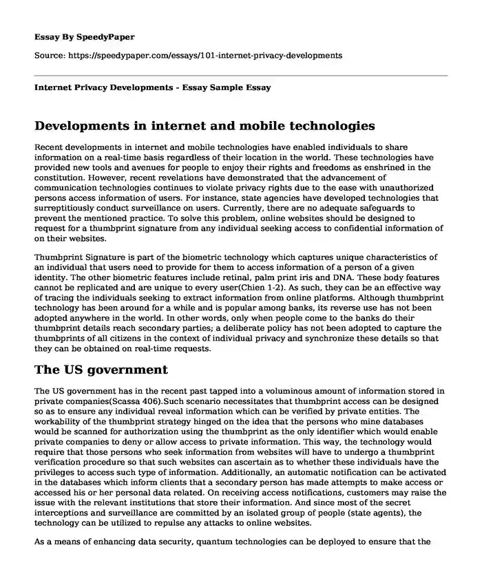 Internet Privacy Developments - Essay Sample