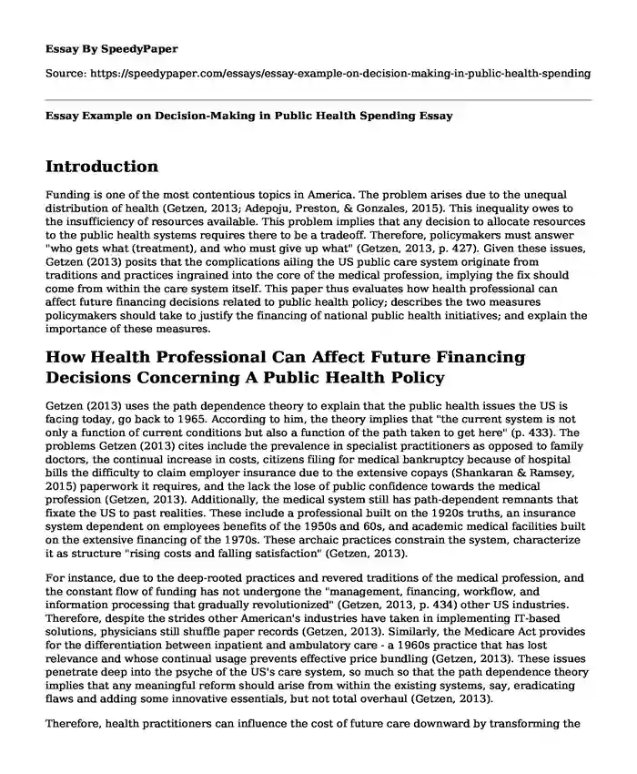 Essay Example on Decision-Making in Public Health Spending