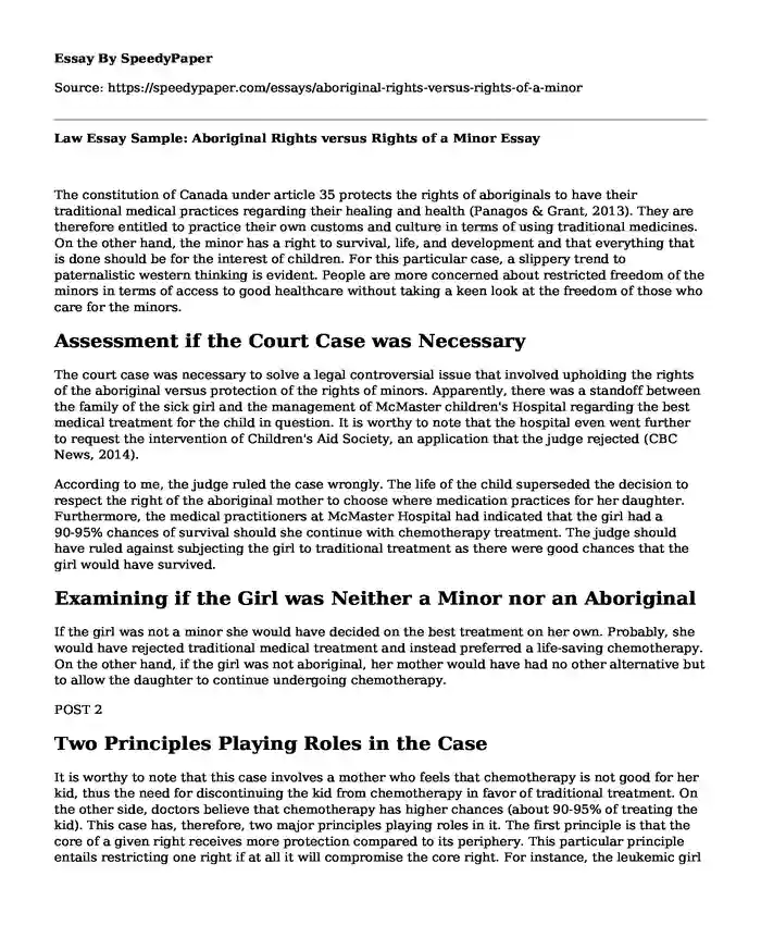 Law Essay Sample: Aboriginal Rights versus Rights of a Minor