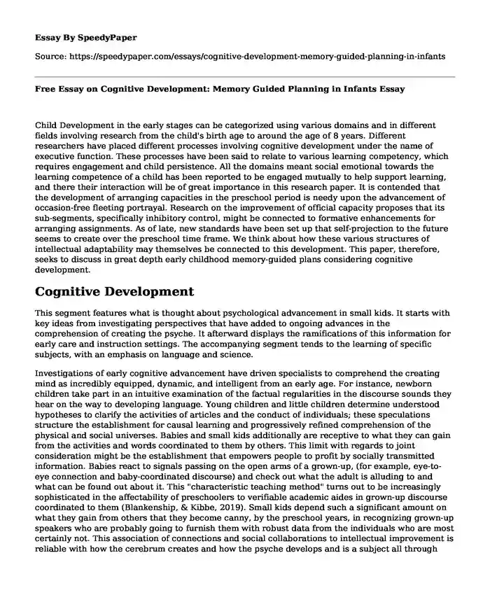 Free Essay on Cognitive Development: Memory Guided Planning in Infants