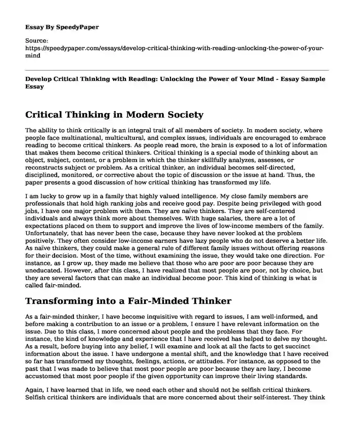 Develop Critical Thinking with Reading: Unlocking the Power of Your Mind - Essay Sample