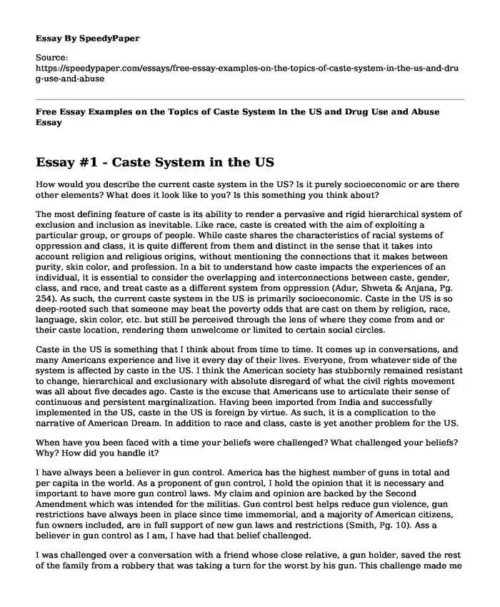 Free Essay Examples on the Topics of Caste System in the US and Drug Use and Abuse