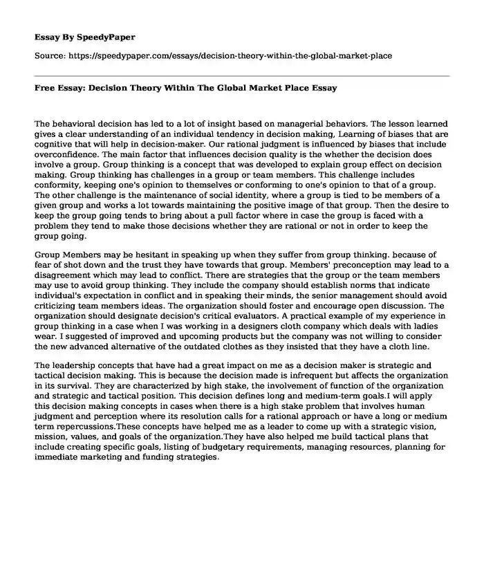 Free Essay: Decision Theory Within The Global Market Place