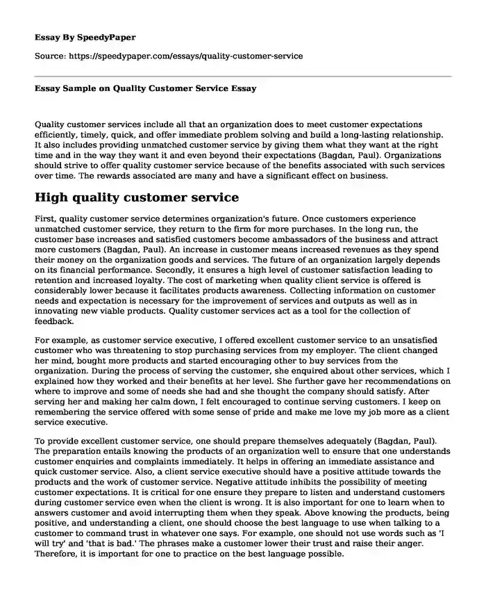 Essay Sample on Quality Customer Service