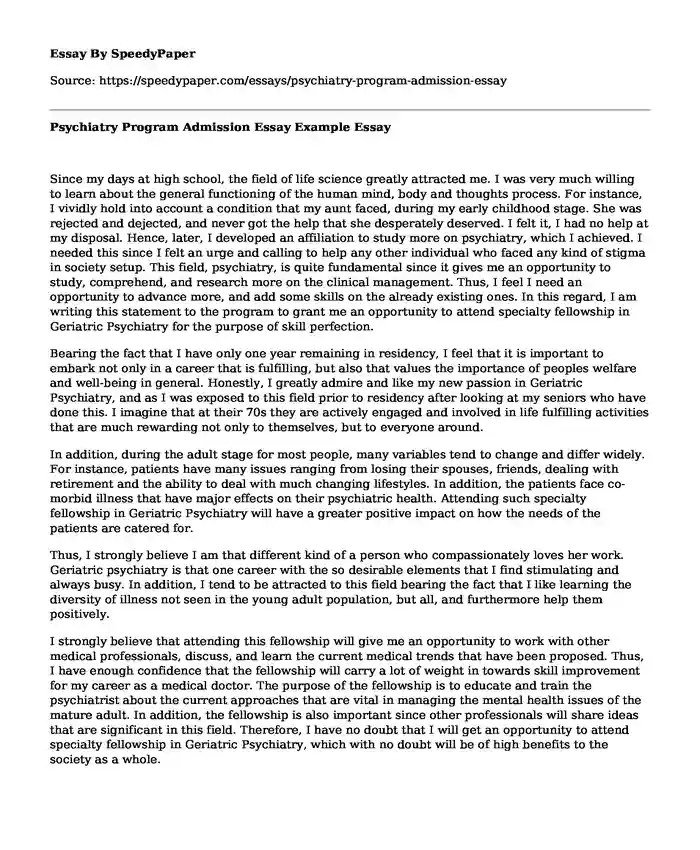 Psychiatry Program Admission Essay Example