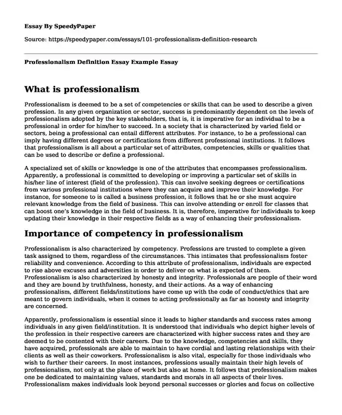 Professionalism Definition Essay Example