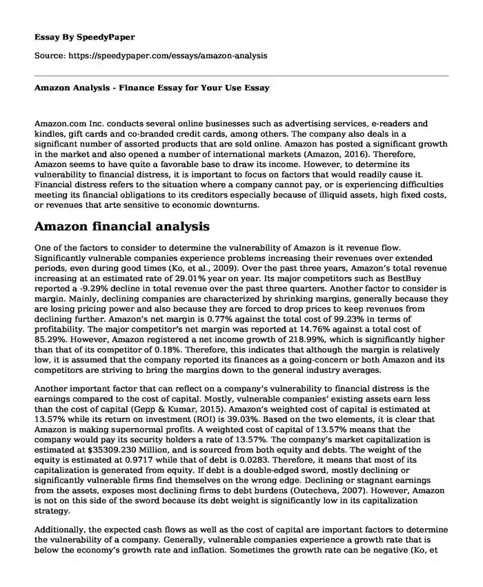 Amazon Analysis - Finance Essay for Your Use