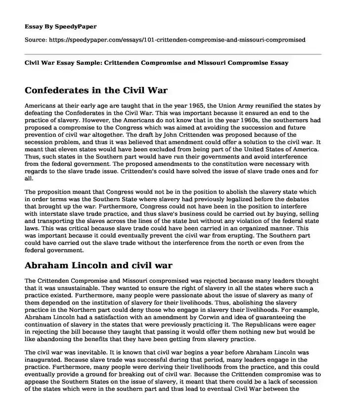 Civil War Essay Sample: Crittenden Compromise and Missouri Compromise