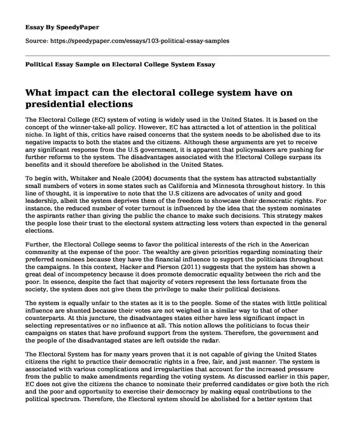 Political Essay Sample on Electoral College System