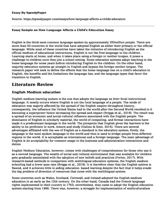 Essay Sample on How Language Affects a Child's Education