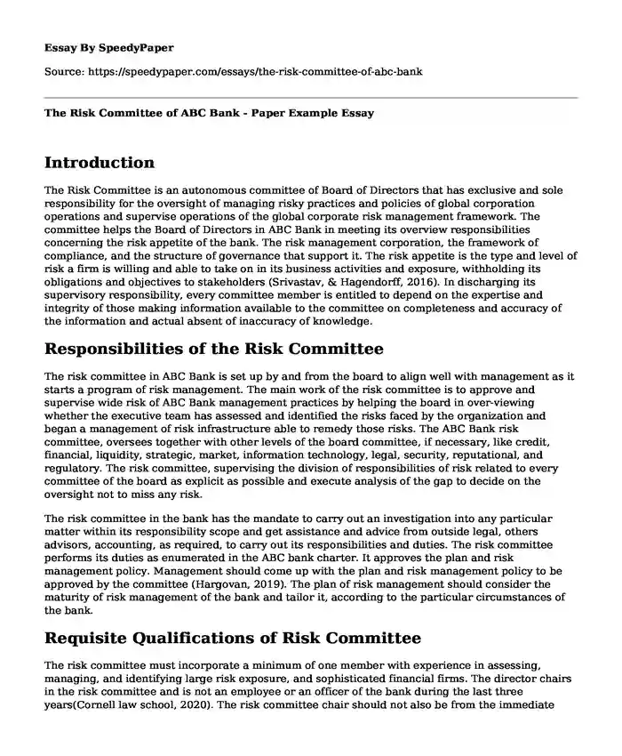 The Risk Committee of ABC Bank - Paper Example