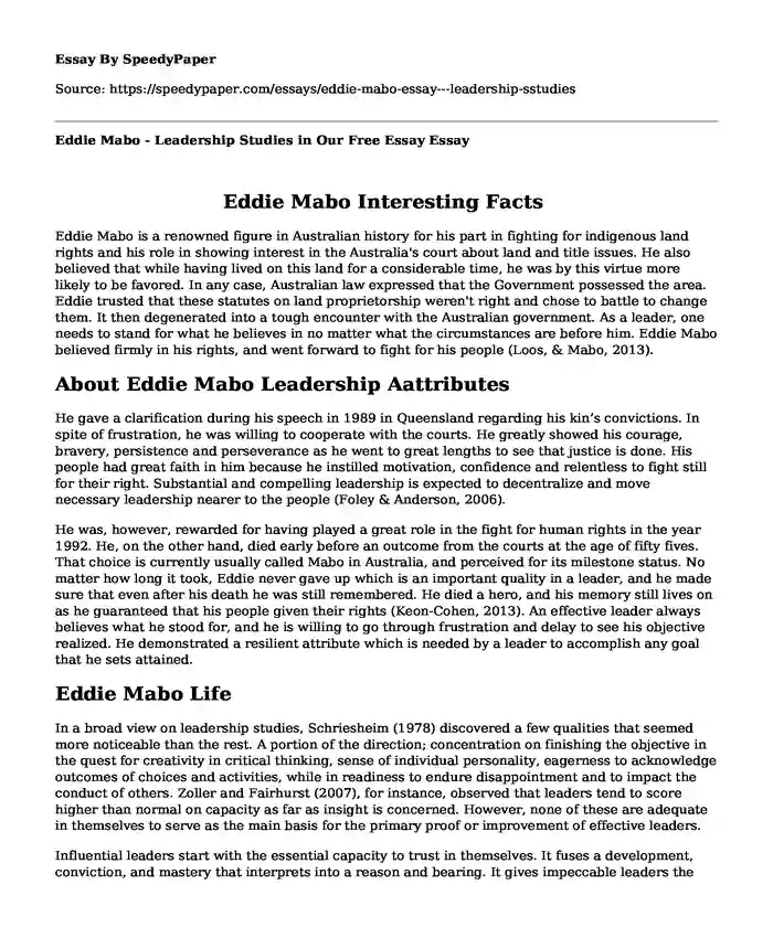 Eddie Mabo - Leadership Studies in Our Free Essay