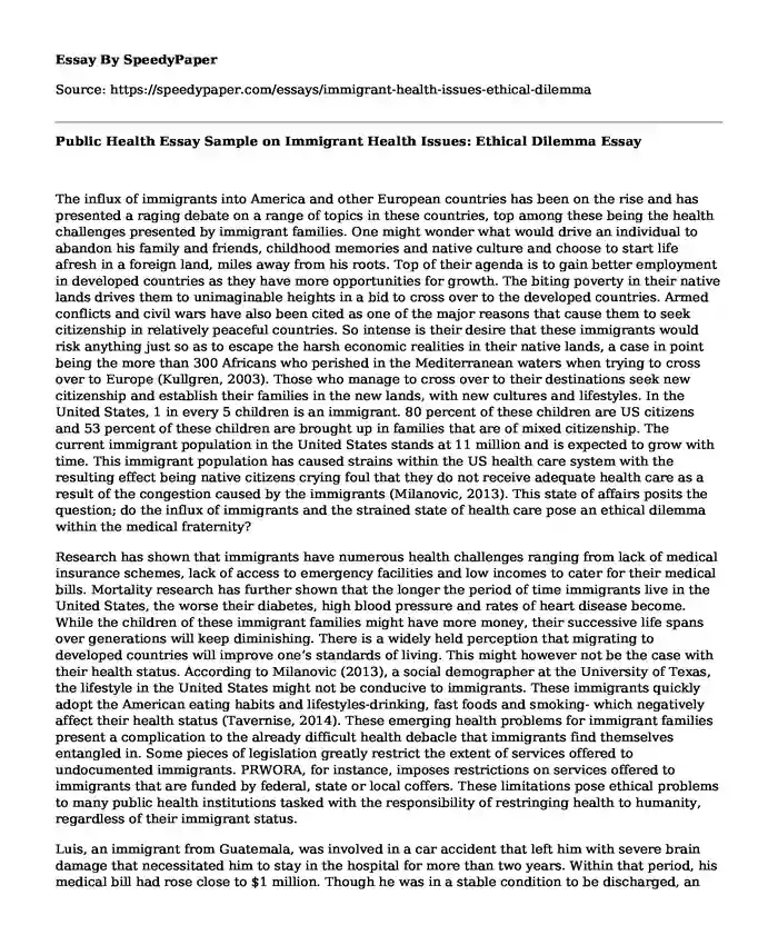 Public Health Essay Sample on Immigrant Health Issues: Ethical Dilemma