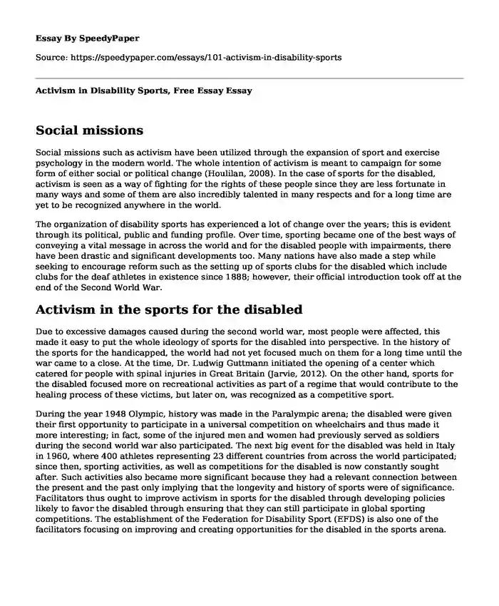 Activism in Disability Sports, Free Essay