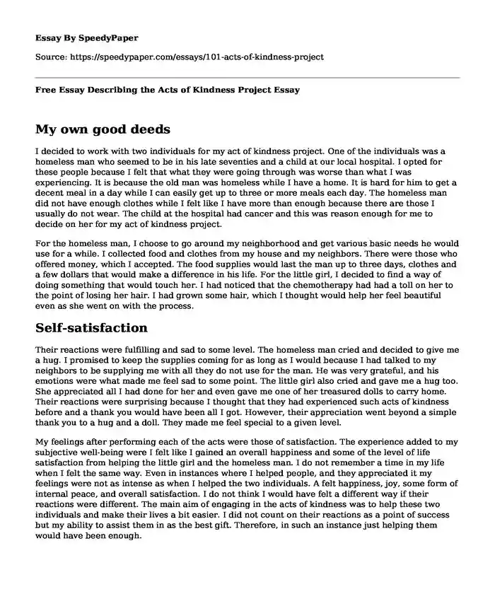 Free Essay Describing the Acts of Kindness Project
